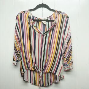 Blue Pepper Multicolor Striped 3/4 Sleeve V-Neck Womens Top Size Small Tie Front
